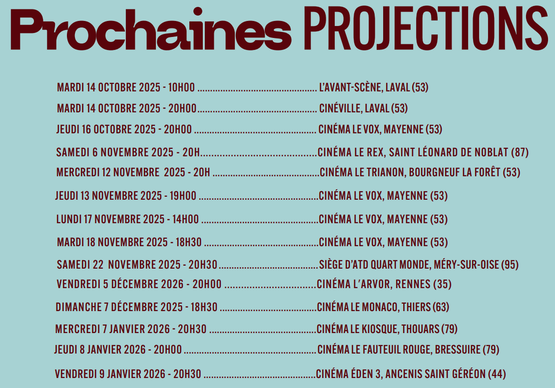 Affiche montre les prochaines projections du documentaire de Claude Baqué sur le projet TZCLD, du 14 octobre 2025 au 9 janvier 2026.